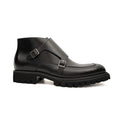 Black Lug Sole Double Buckle Monk Ankle Boot