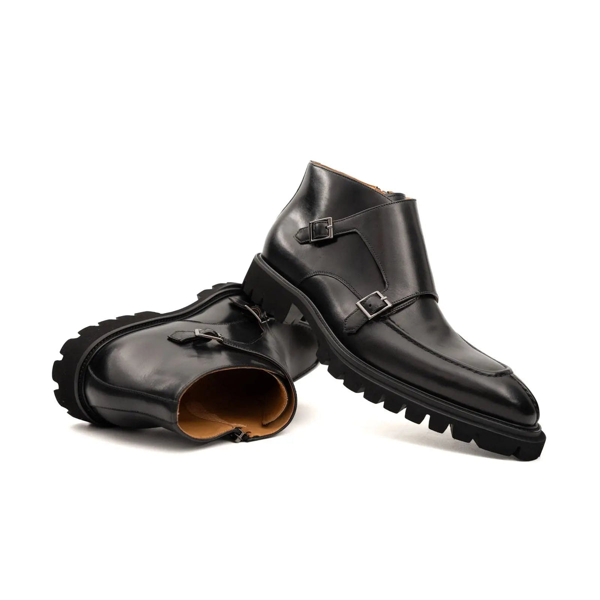 Black Lug Sole Double Buckle Monk Ankle Boot