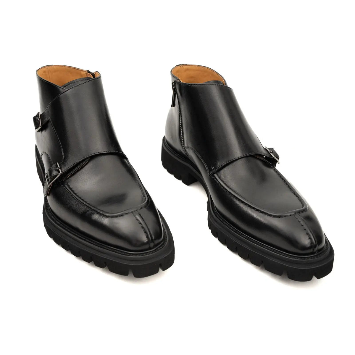 Black Lug Sole Double Buckle Monk Ankle Boot