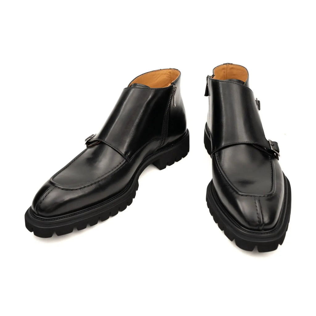 Black Lug Sole Double Buckle Monk Ankle Boot