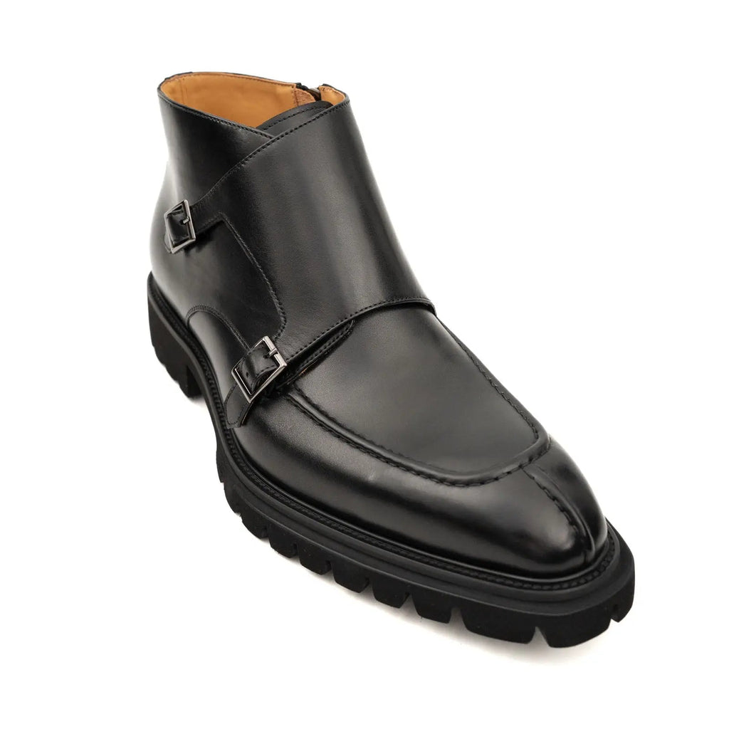 Black Lug Sole Double Buckle Monk Ankle Boot