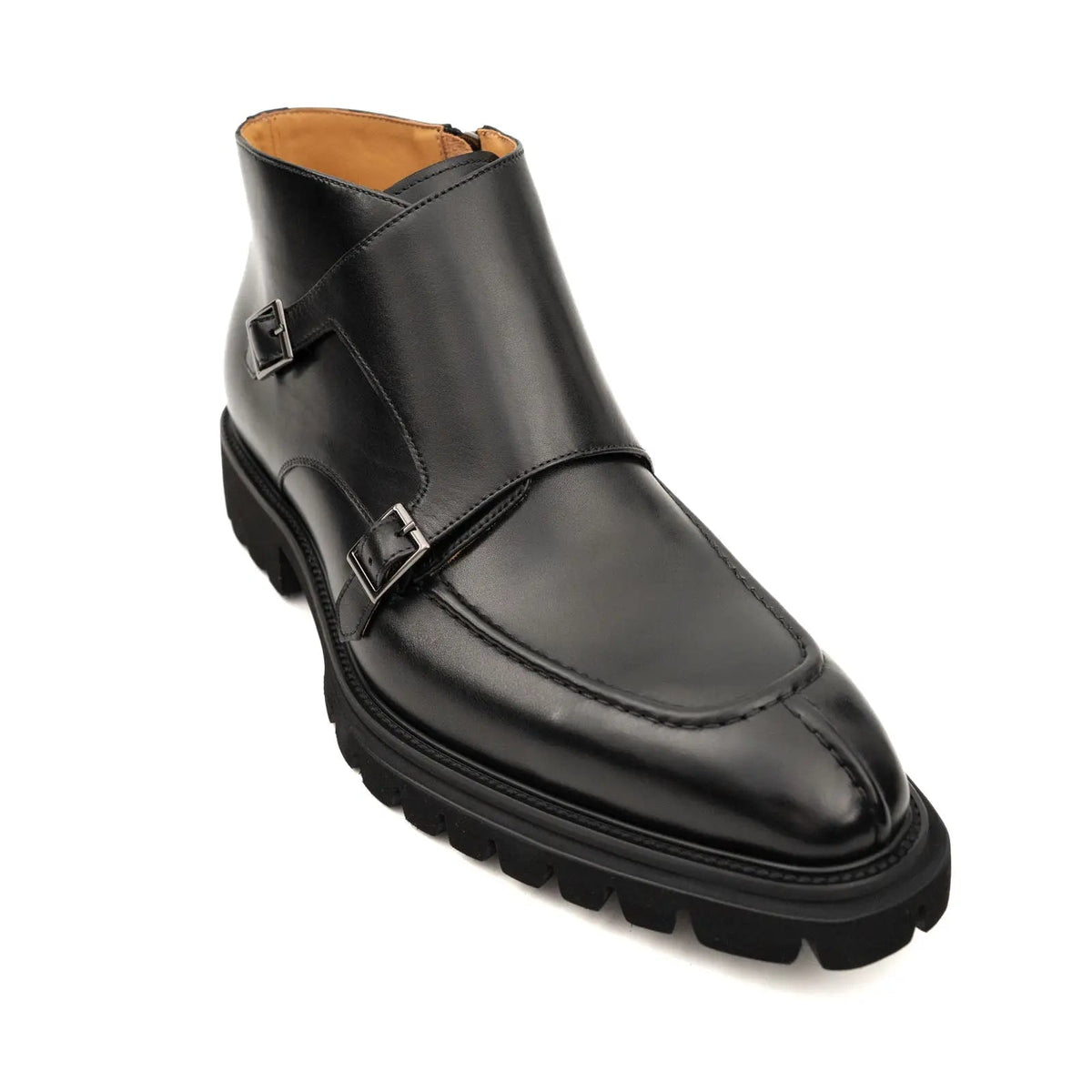 Black Lug Sole Double Buckle Monk Ankle Boot