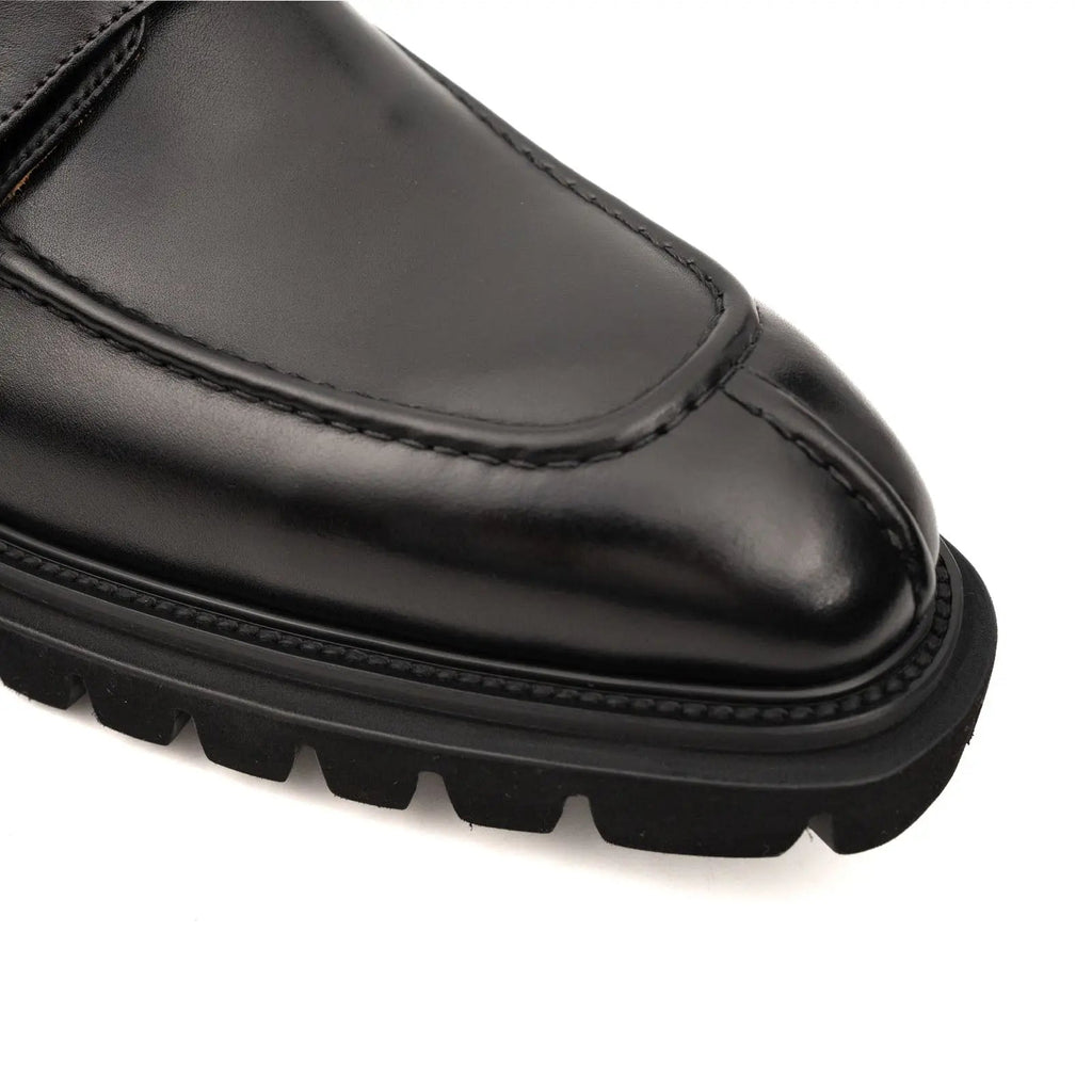 Black Lug Sole Double Buckle Monk Ankle Boot