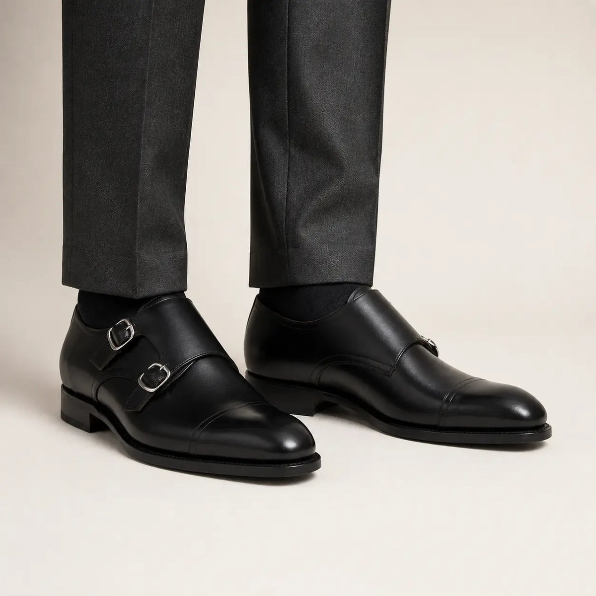 Black Cap-Toe Double Monk Strap Shoes with Polished Finish