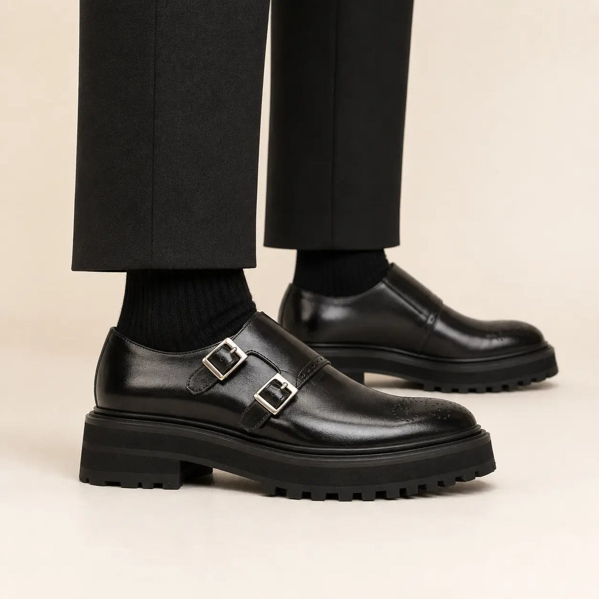 Black Glossy Lug Sole Double Buckle Monk Shoe