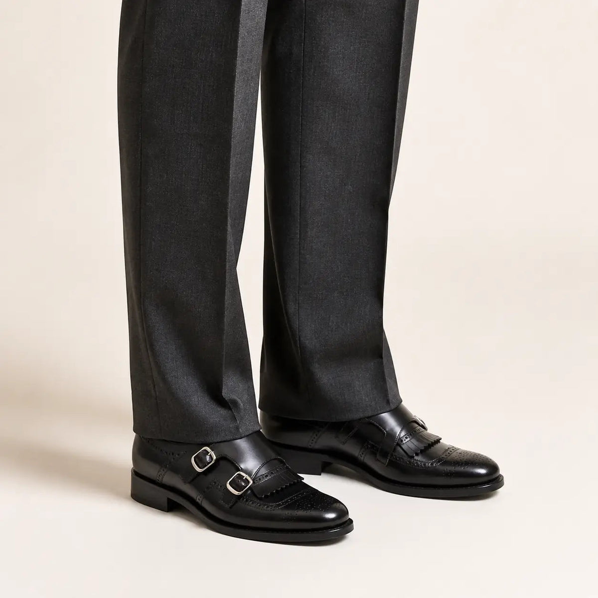 Black Cap-Toe Double Monk Strap Shoes with Fringed Vamp