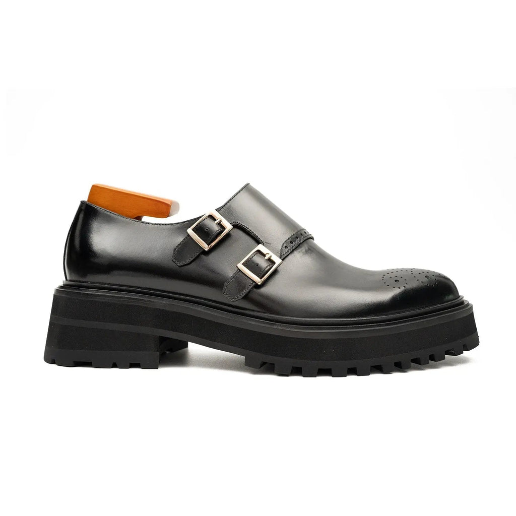 Black Glossy Lug Sole Double Buckle Monk Shoe