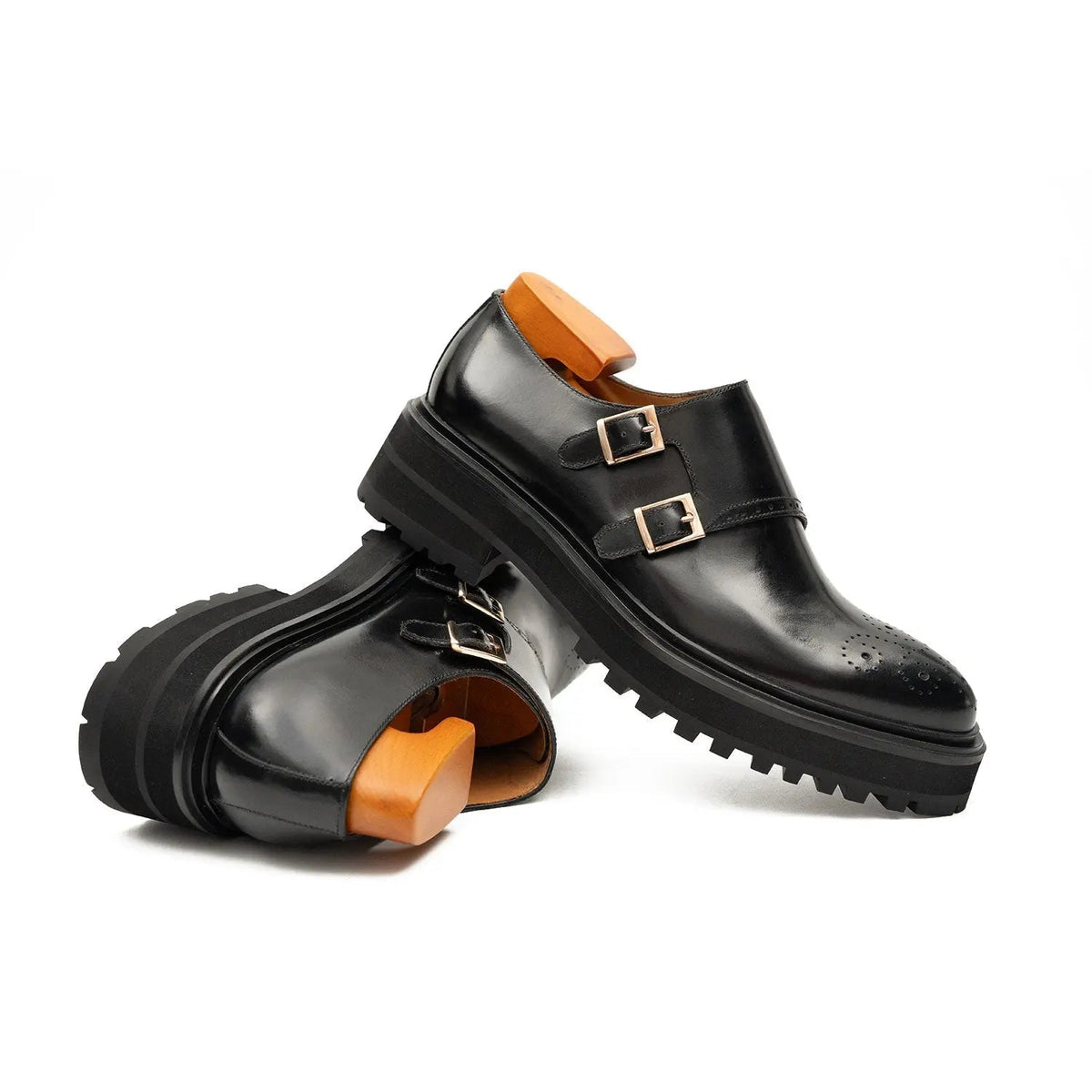 Black Glossy Lug Sole Double Buckle Monk Shoe