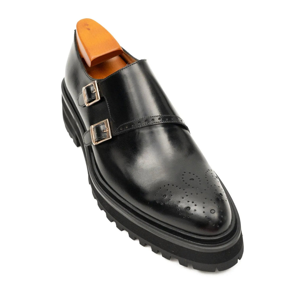 Black Glossy Lug Sole Double Buckle Monk Shoe