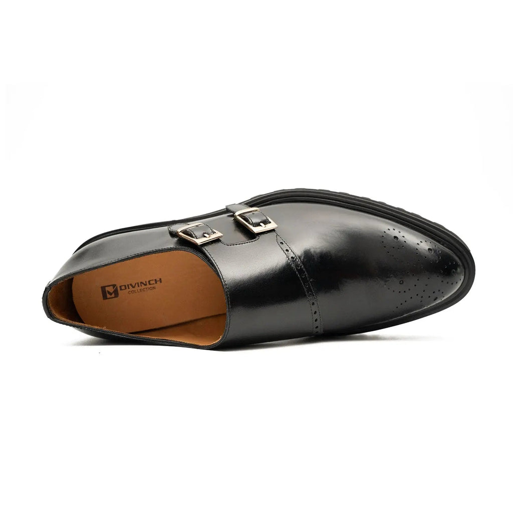 Black Glossy Lug Sole Double Buckle Monk Shoe