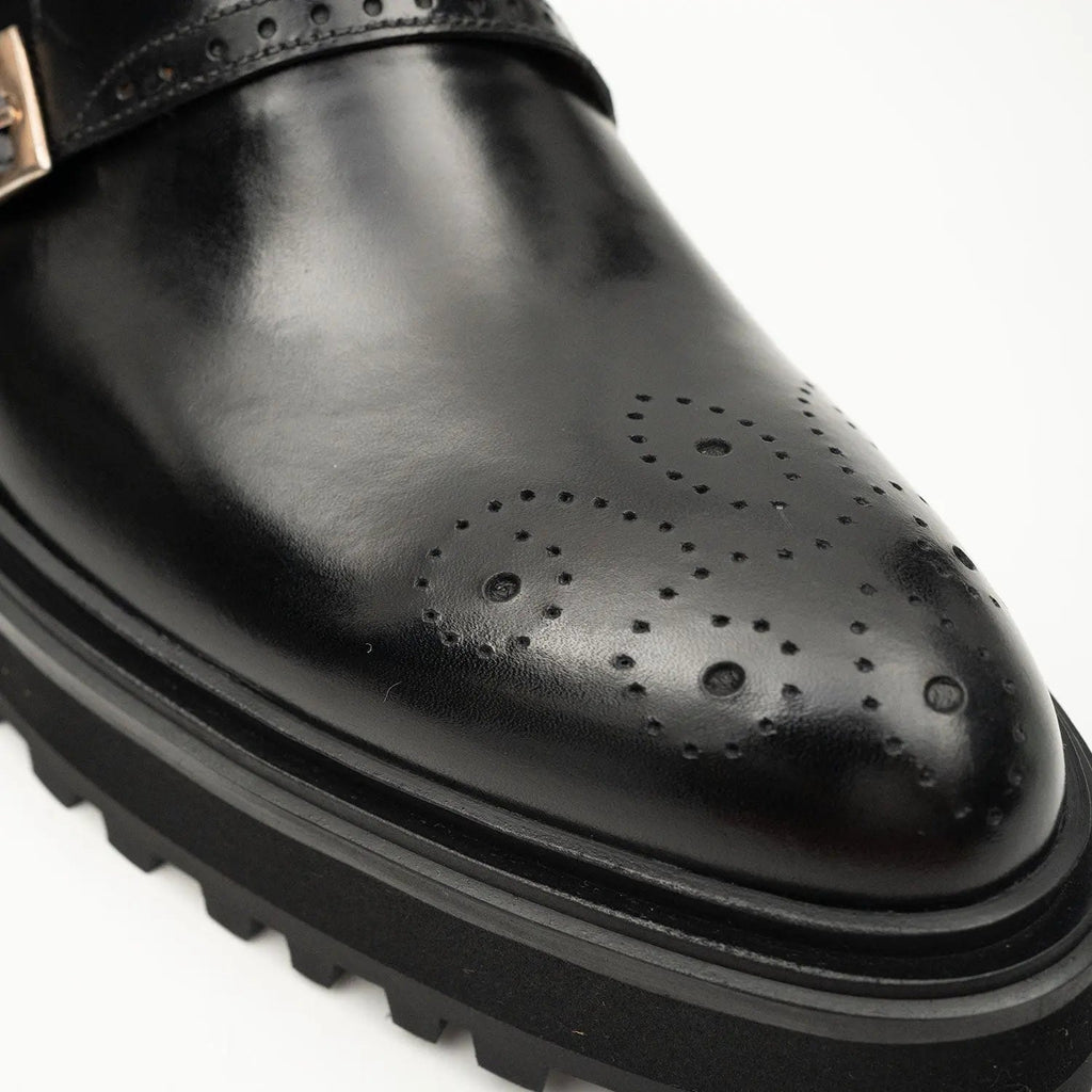 Black Glossy Lug Sole Double Buckle Monk Shoe