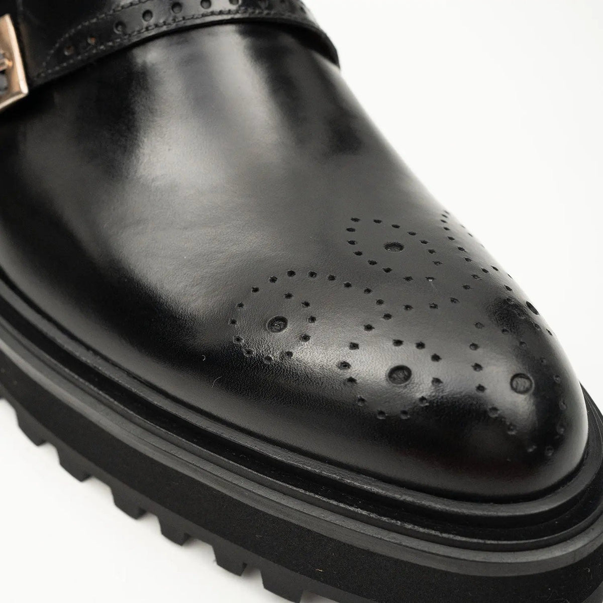 Black Glossy Lug Sole Double Buckle Monk Shoe