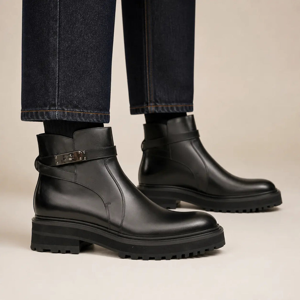 Black Lug Sole Buckle Strap Ankle Boot