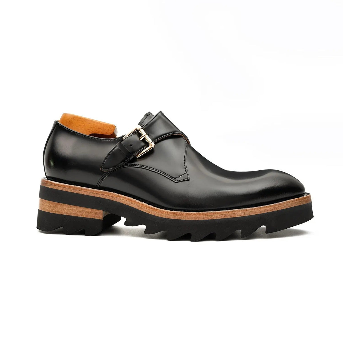 Black Plain-Toe Single Monk Strap Shoes with Brown-Band Lug Sole