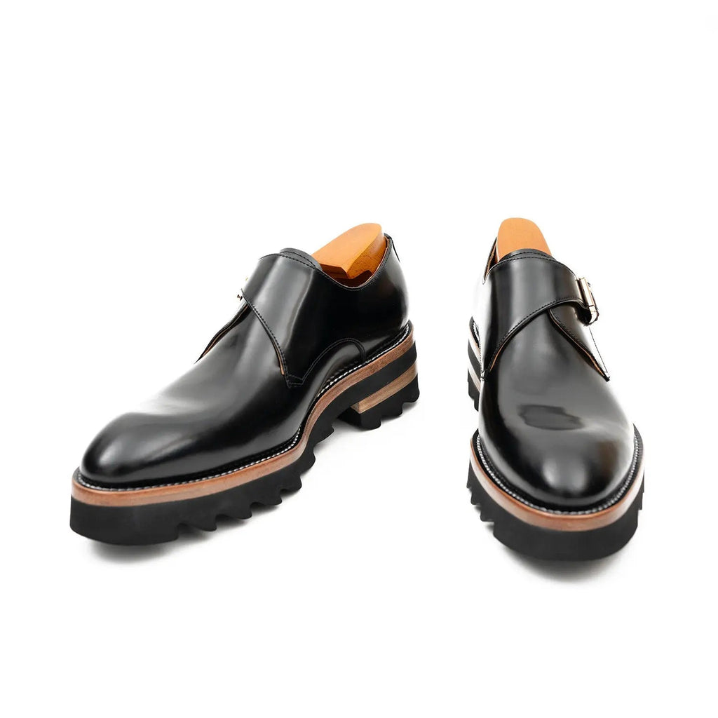 Black Plain-Toe Single Monk Strap Shoes with Brown-Band Lug Sole