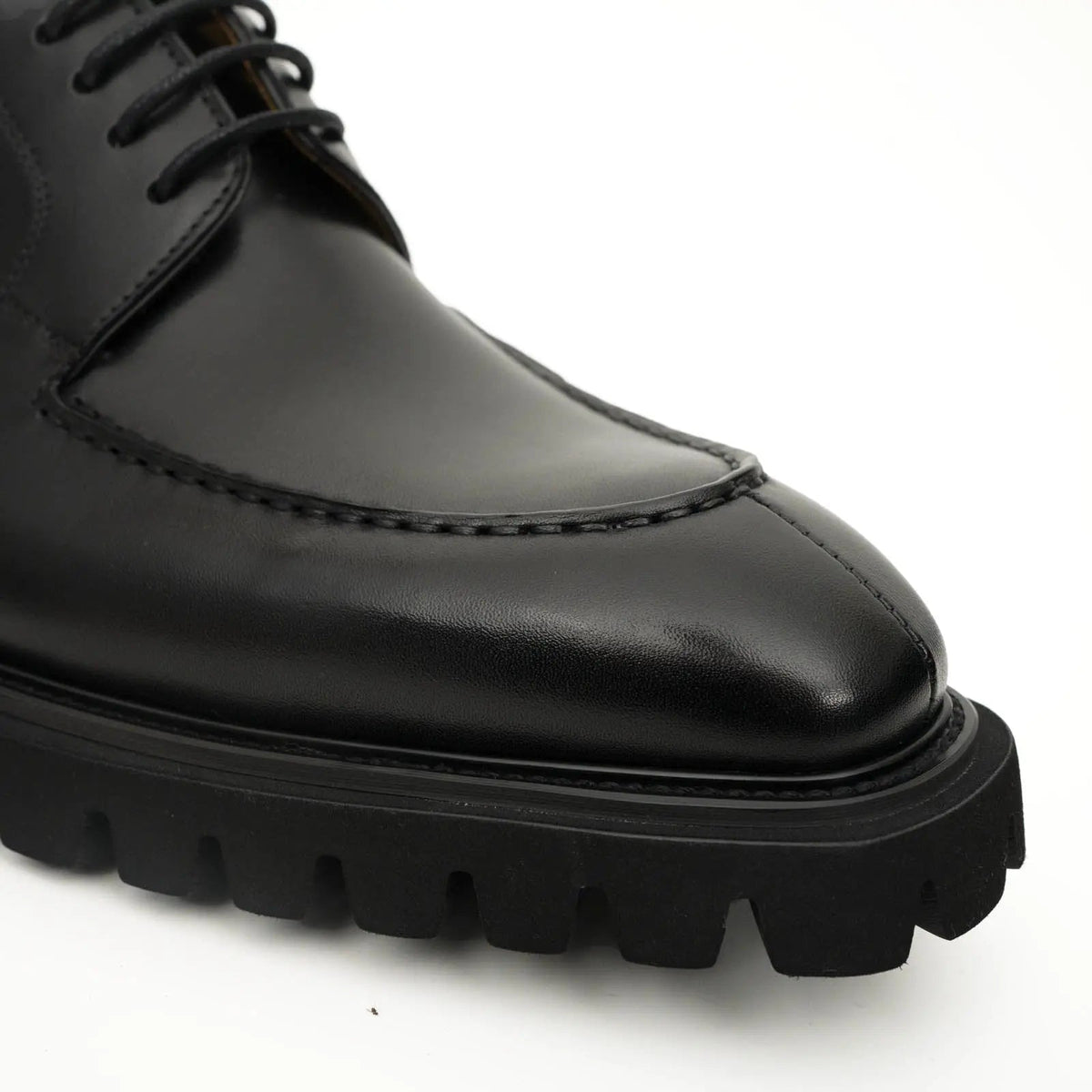 Black Calfskin Apron-Toe Derby Shoes with Lug Sole