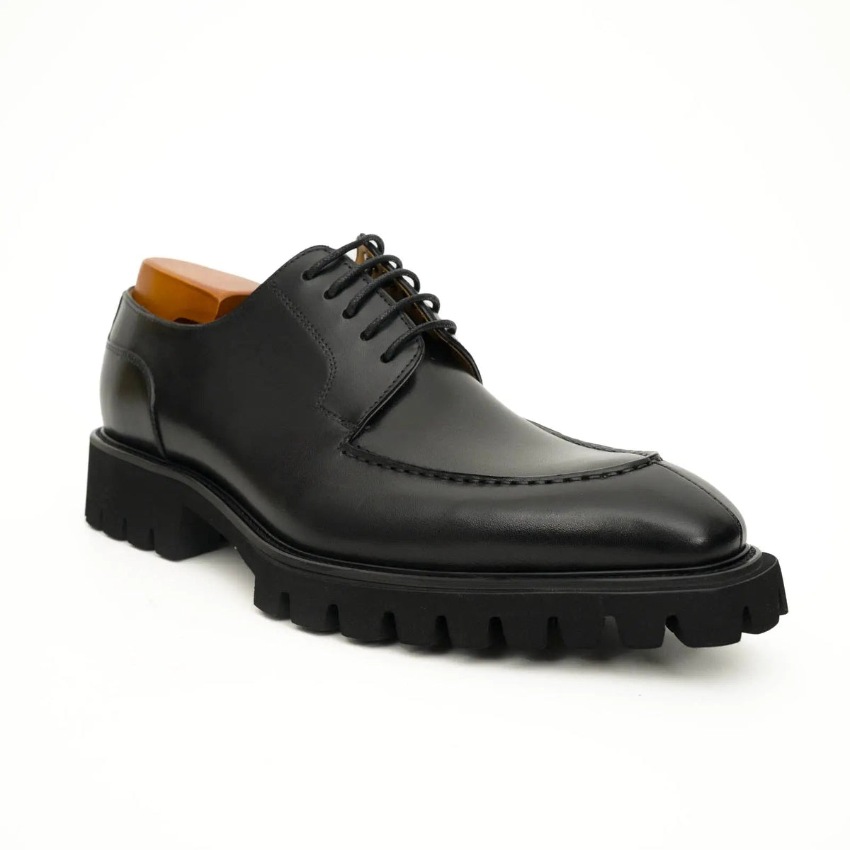 Black Calfskin Apron-Toe Derby Shoes with Lug Sole