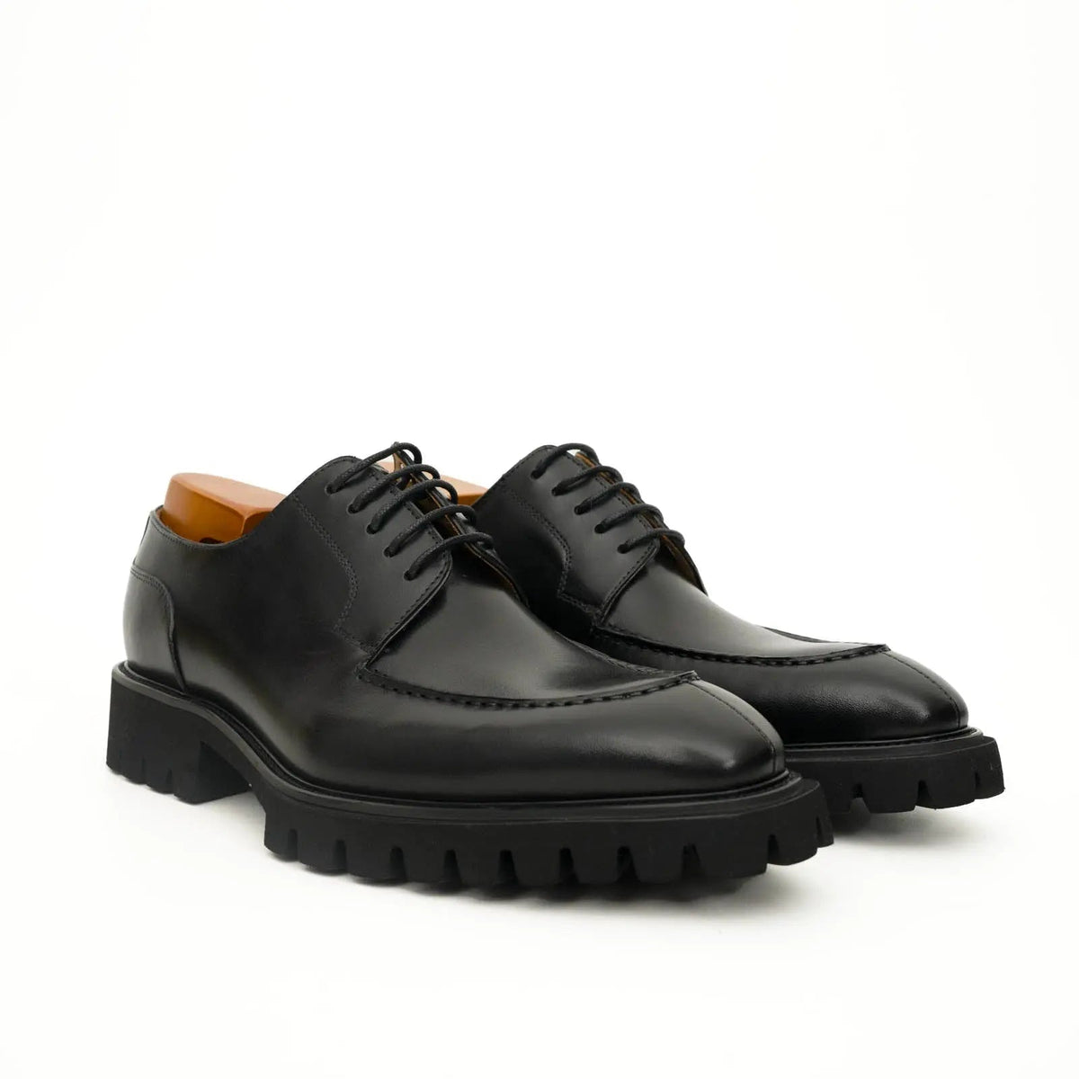 Black Calfskin Apron-Toe Derby Shoes with Lug Sole