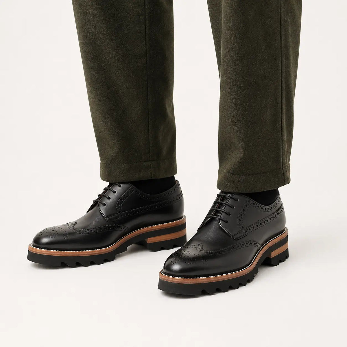 Black Wingtip Derby Shoes with Brown-Band Lug Sole