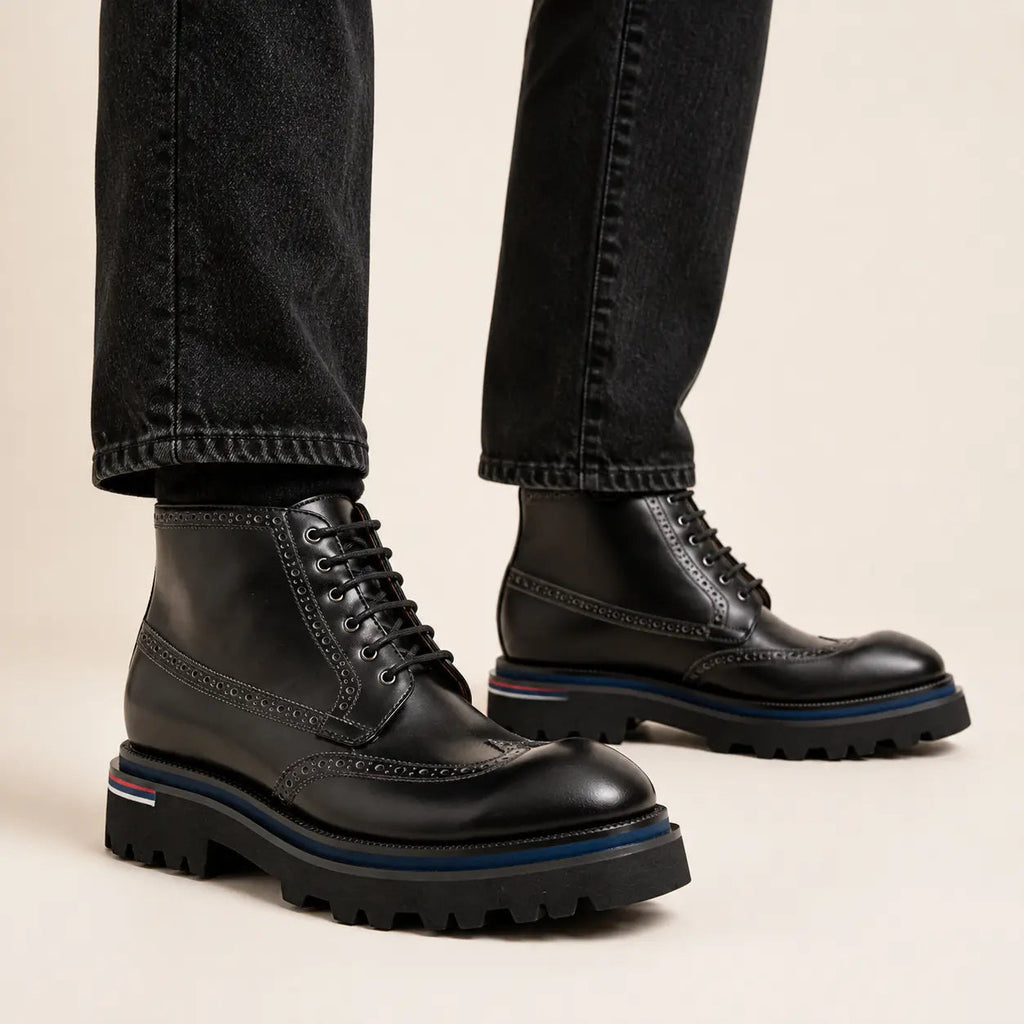 Black Wingtip Lace-Up Ankle Boots with Metal Eyelets