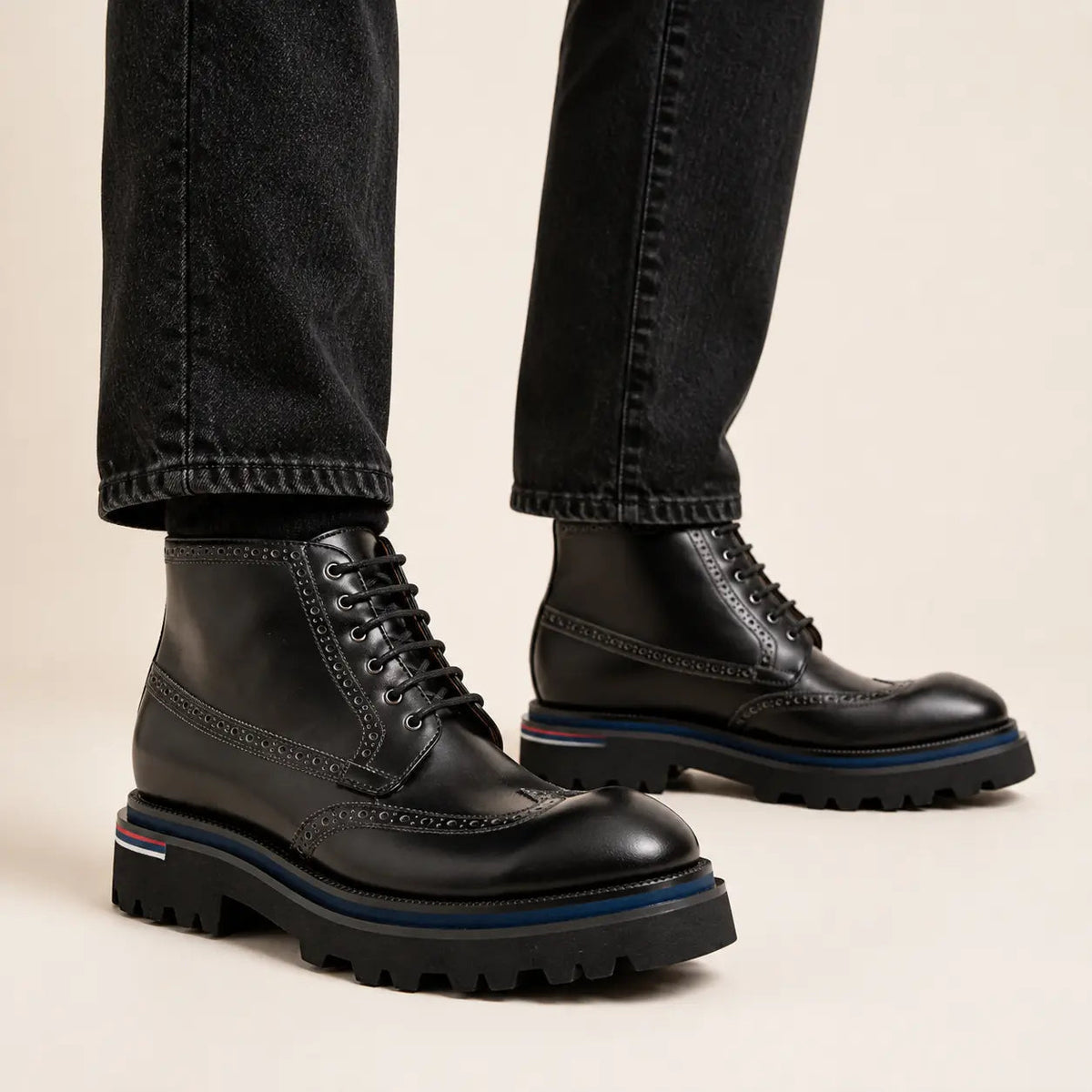 Black Wingtip Lace-Up Ankle Boots with Metal Eyelets