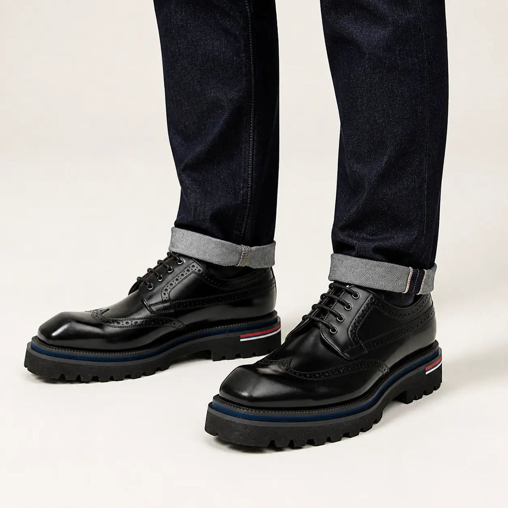 Black Wingtip Derby Shoes with Metal Eyelets