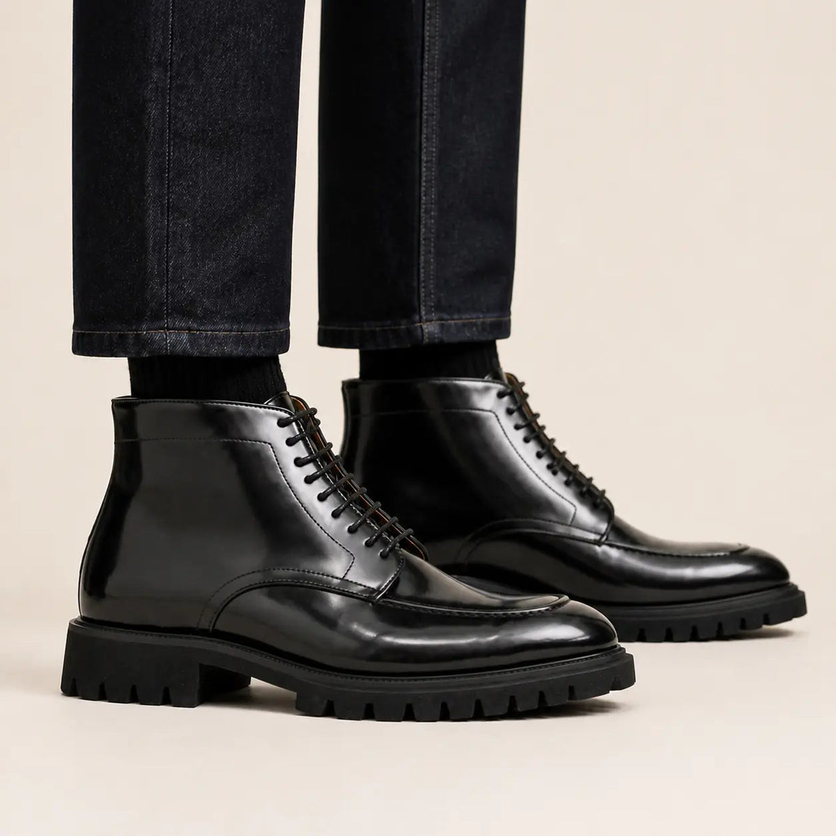 Black Lug Sole Apron-Toe Lace-Up Ankle Boot