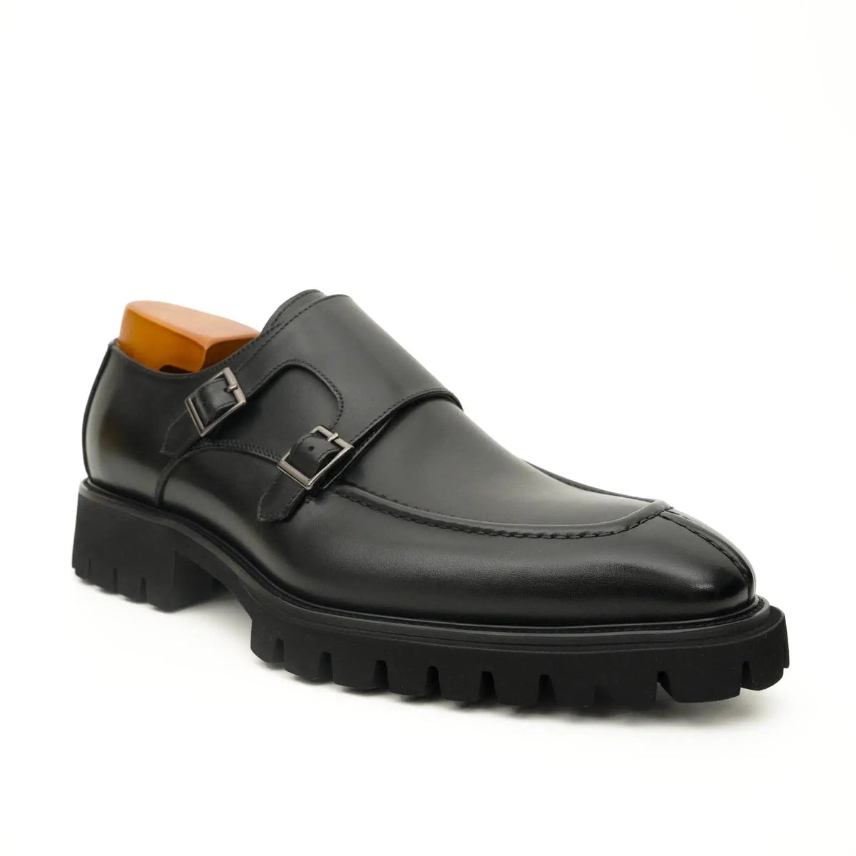 Black Apron-Toe Double Monk Strap Shoes with Lug Sole
