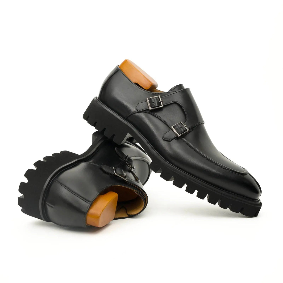 Black Apron-Toe Double Monk Strap Shoes with Lug Sole