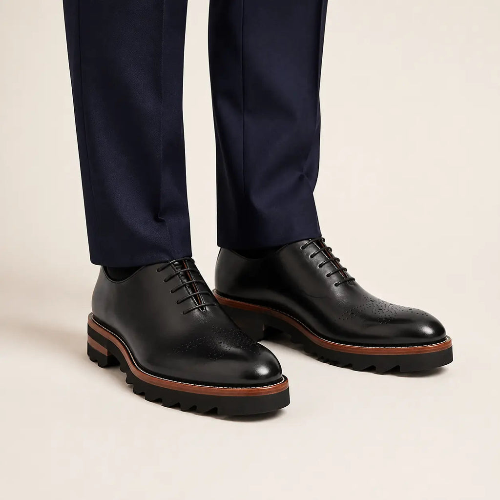 Black Round-Toe Oxford Shoes with Brown-Band Lug Sole