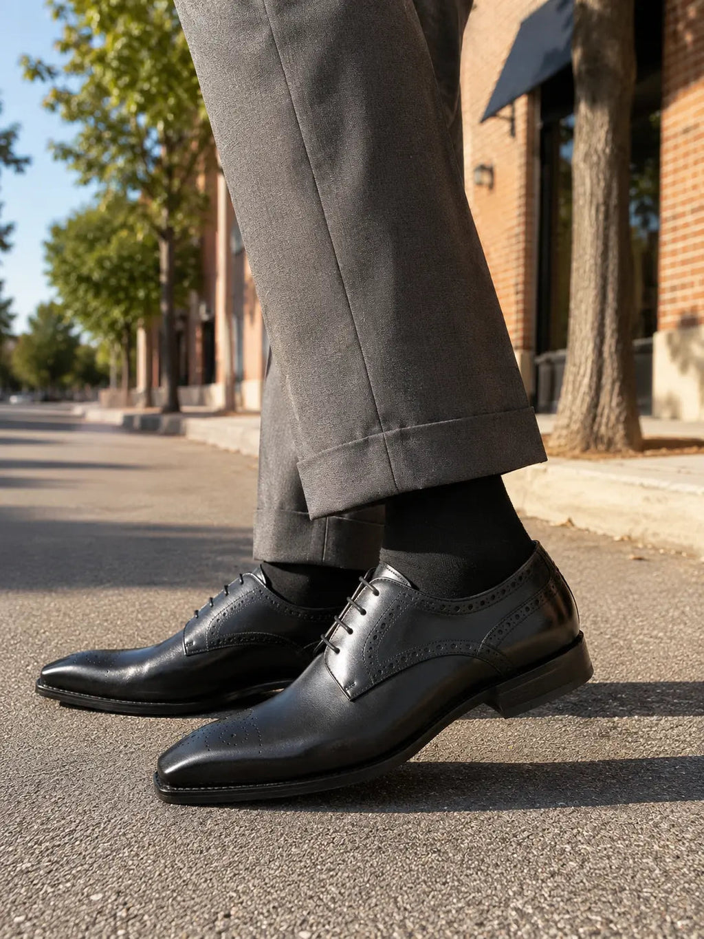 Black Square-Toe Oxfords with Perforated Collar Trim