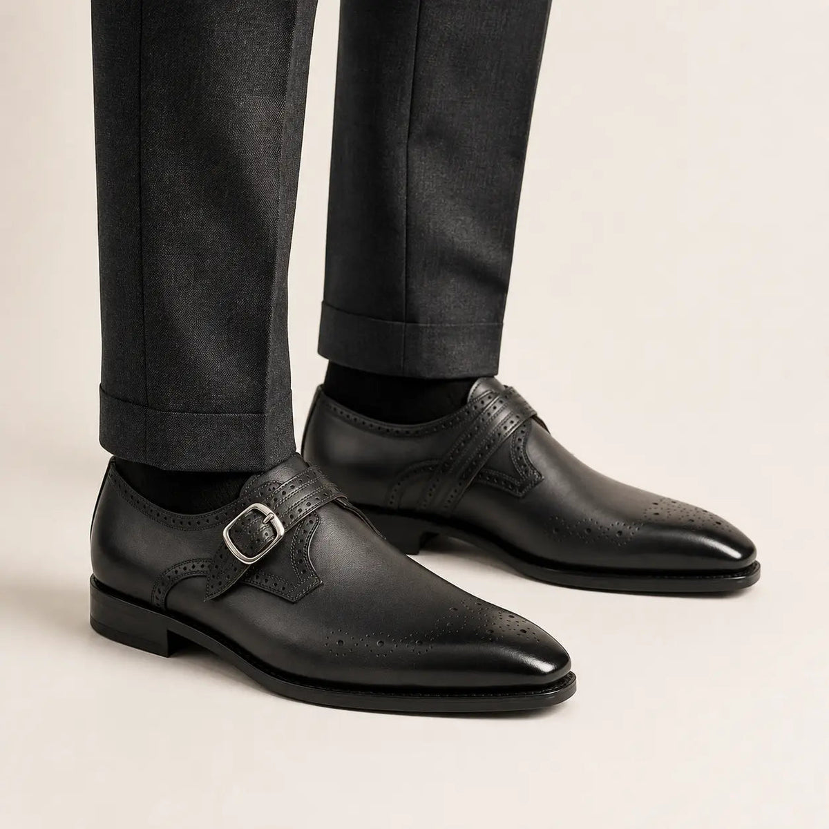Dark Gray-Black Single Monk Strap Shoes with Toe Medallion