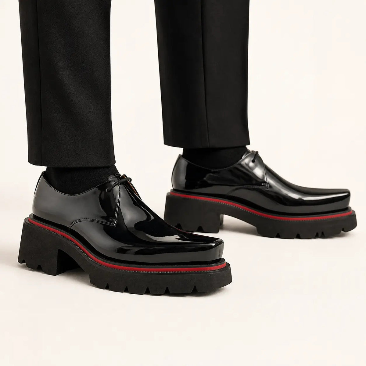 Black Glossy Calfskin Square-Toe Derby Shoes with Red Edging