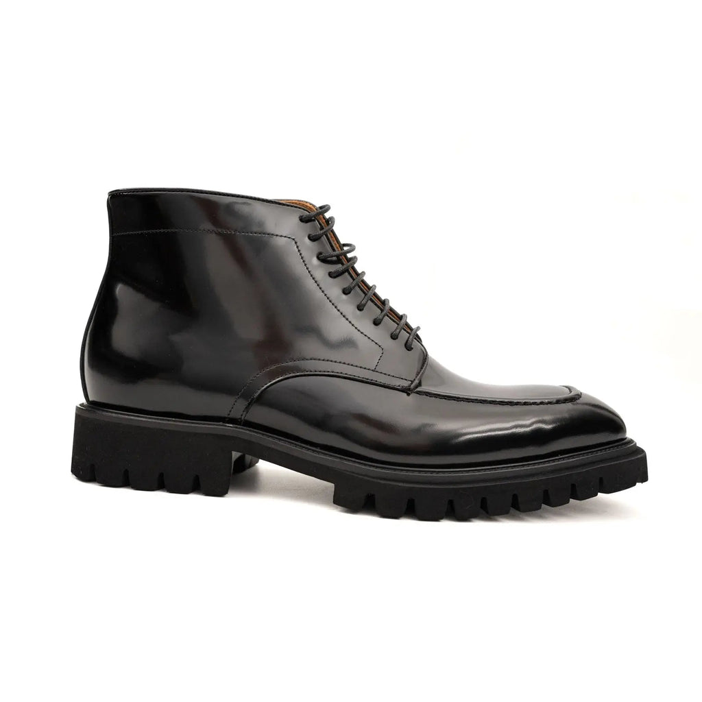 Black Lug Sole Apron-Toe Lace-Up Ankle Boot