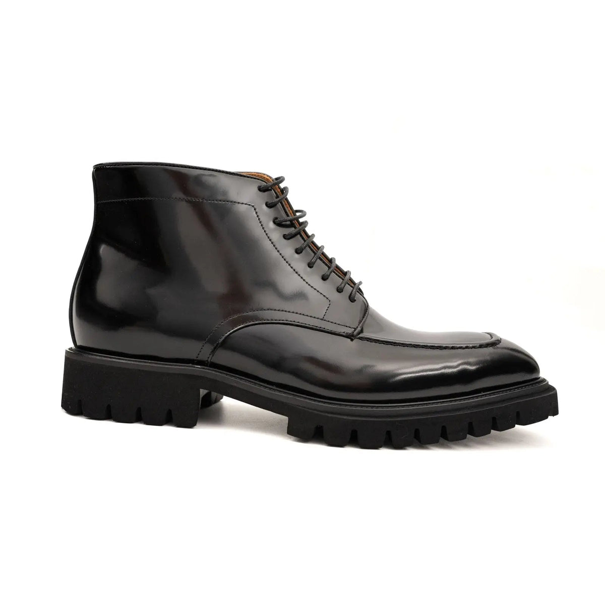 Black Lug Sole Apron-Toe Lace-Up Ankle Boot