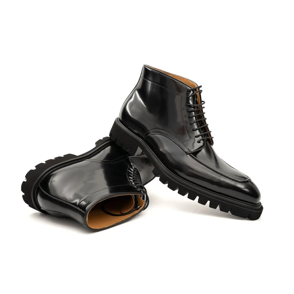 Black Lug Sole Apron-Toe Lace-Up Ankle Boot