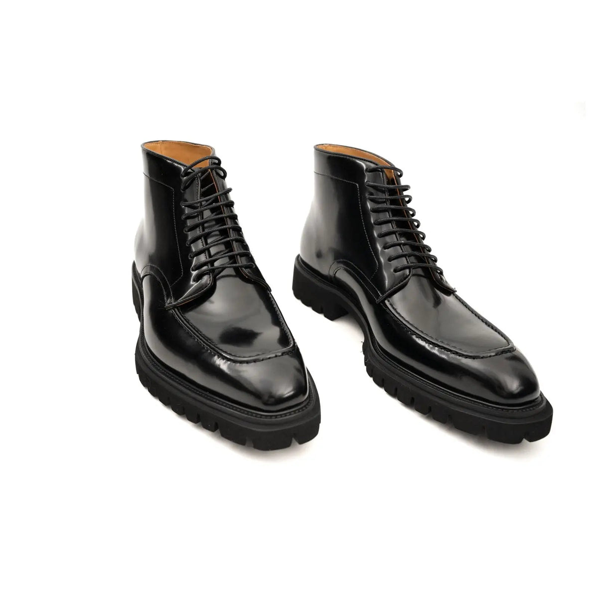 Black Lug Sole Apron-Toe Lace-Up Ankle Boot