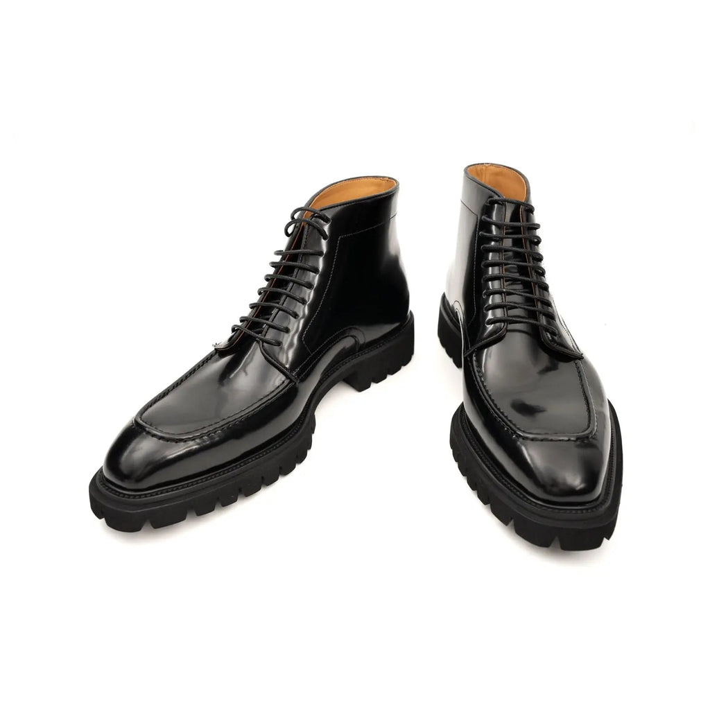 Black Lug Sole Apron-Toe Lace-Up Ankle Boot