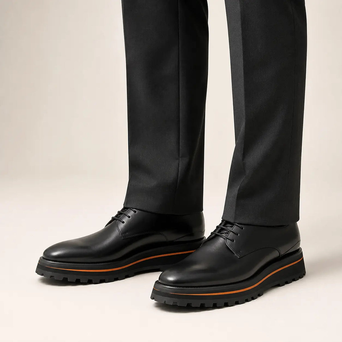 Black Plain-Toe Derby Shoes with Brown-Edge Lug Sole