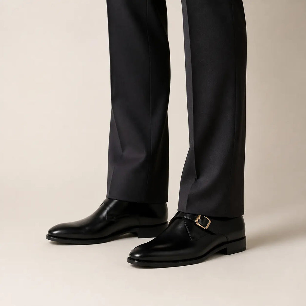 Black Plain-Toe Single Monk Strap Shoes with Polished Finish