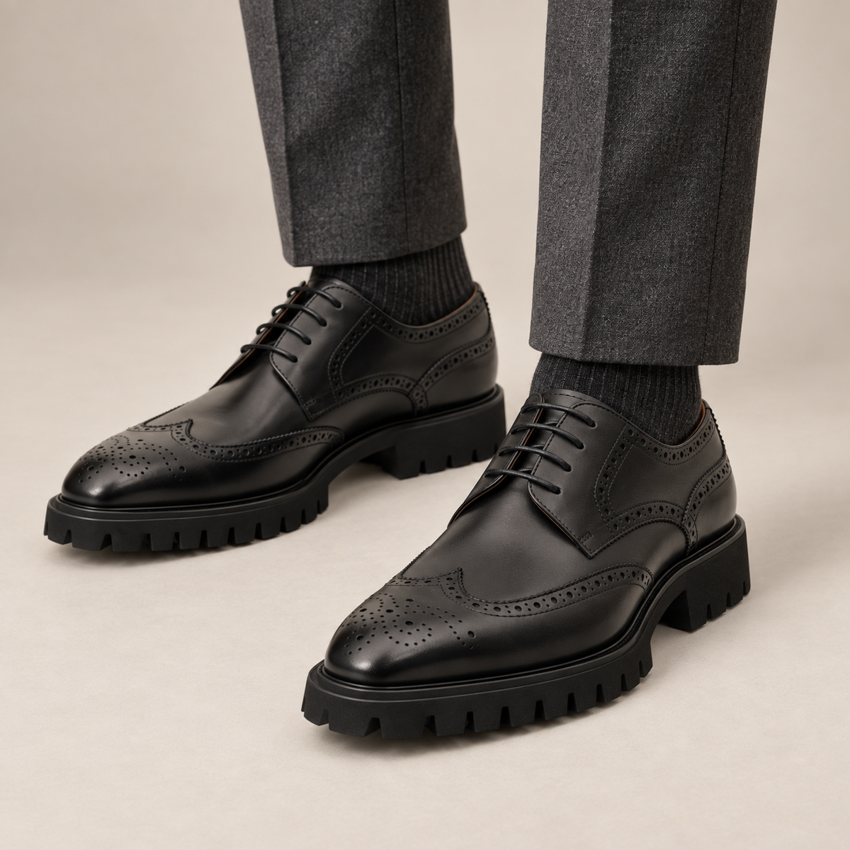 Black Wingtip Brogue Derby Shoes with Toe Medallion