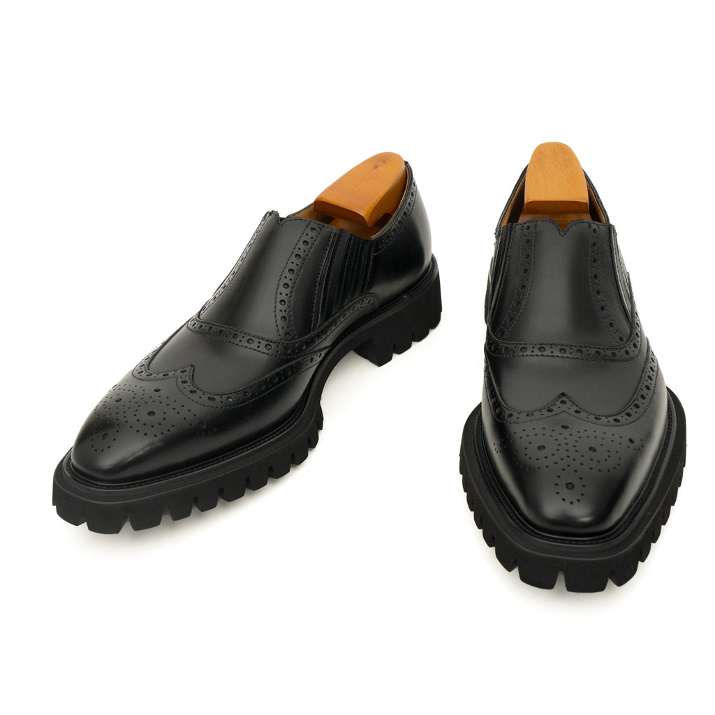 Black Wingtip Brogue Slip-On Shoes with Lug Sole