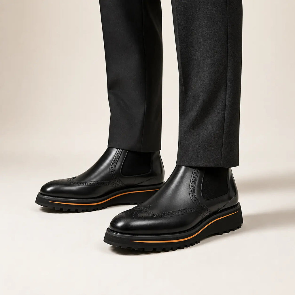 Black Wingtip Chelsea Boots with Brown-Edge Lug Sole