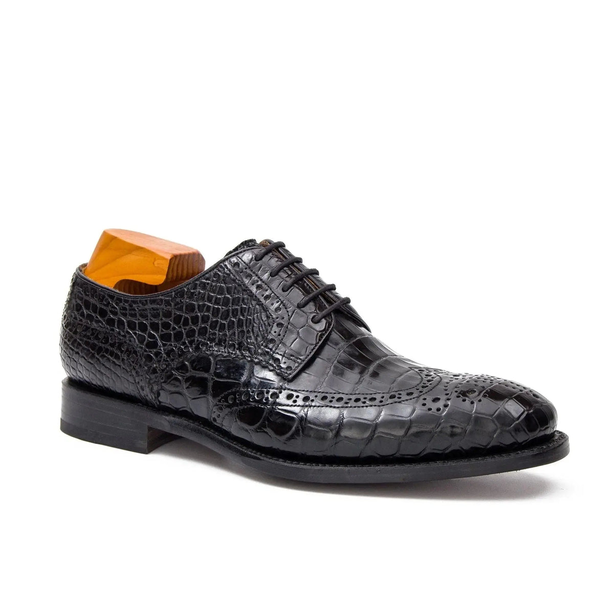 Black Wingtip Derby Shoes with Scale-Pattern Texture