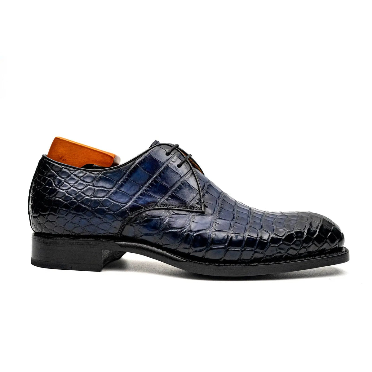 Dark Blue Plain-Toe Derby Shoes with Scale-Pattern Texture