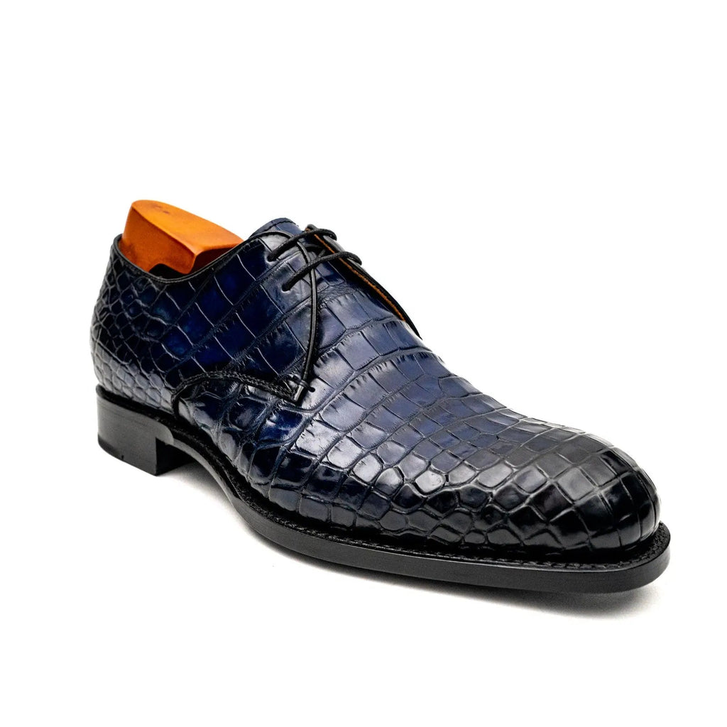 Dark Blue Plain-Toe Derby Shoes with Scale-Pattern Texture