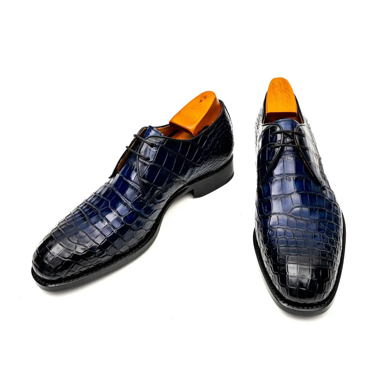 Dark Blue Plain-Toe Derby Shoes with Scale-Pattern Texture