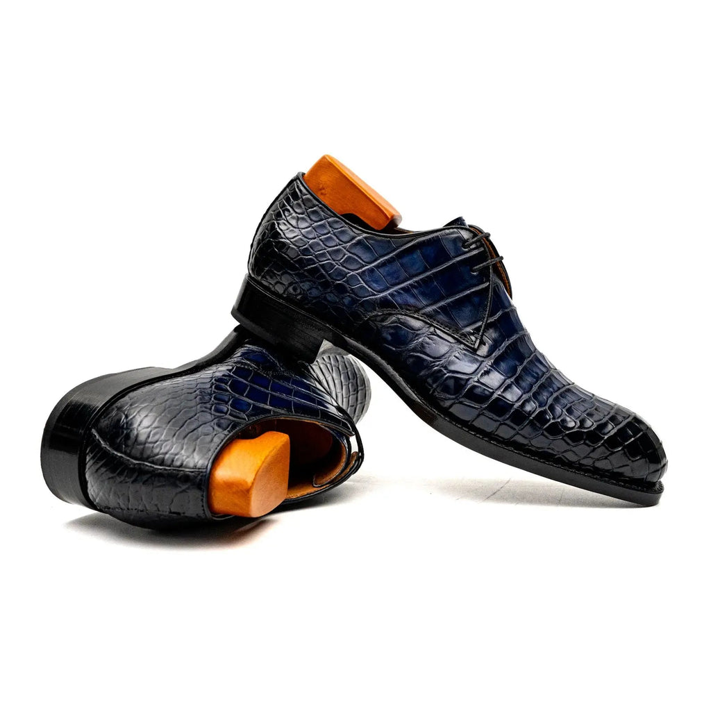 Dark Blue Plain-Toe Derby Shoes with Scale-Pattern Texture