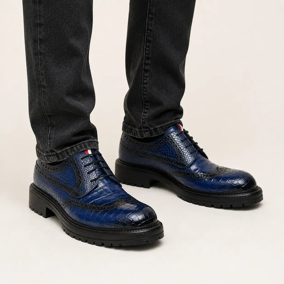 Blue Textured Wingtip Derby Shoes with Tongue Tab