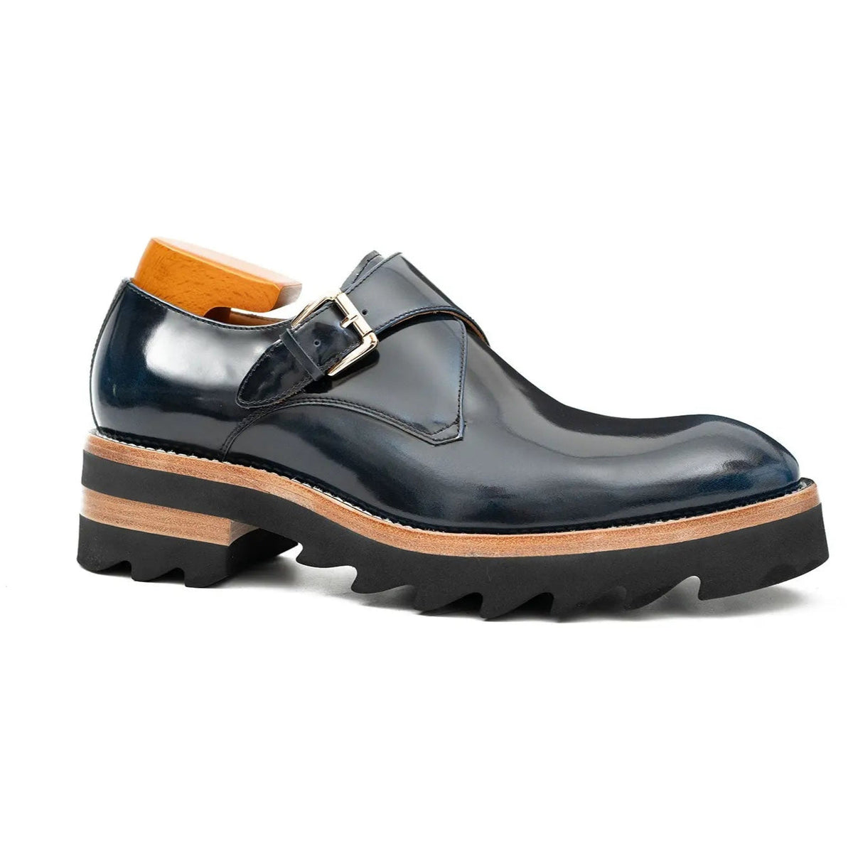 Dark Blue Single Monk Shoes with Brown-Band Ridged Sole